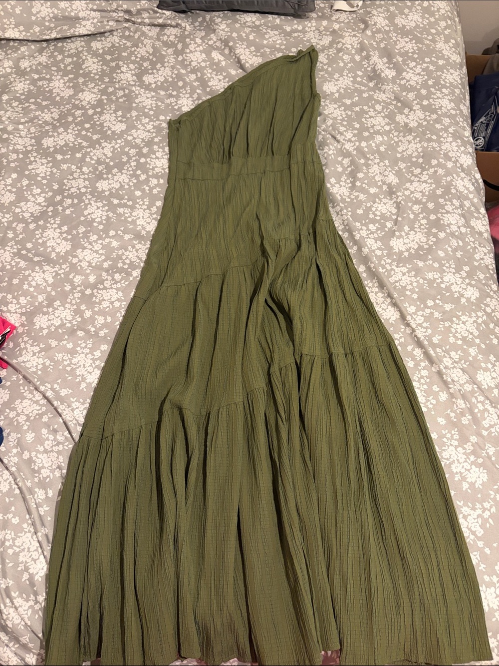 SHEIN Olive Green One-Shoulder Tiered Maxi Dress